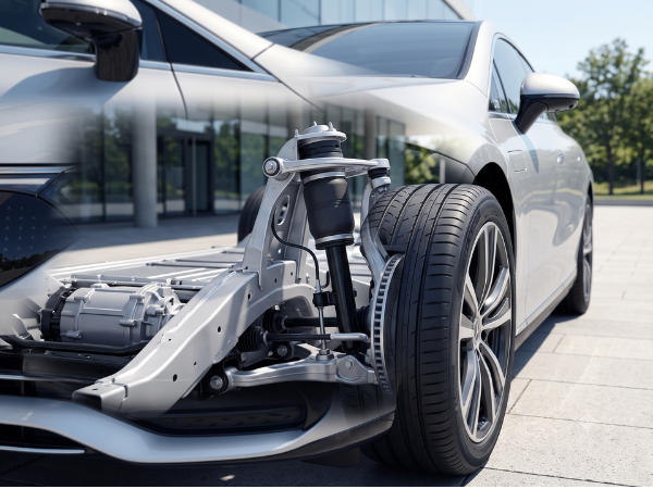 A cross-section diagram of a silver luxury electric sedan on a sunlit plaza, revealing its detailed front double-wishbone air suspension system, brake components, and the front electric drive unit.