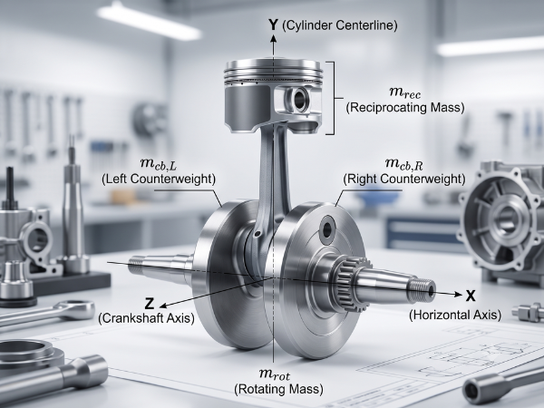 A high-precision mechanical crankshaft assembly with a piston, connecting rod, and labeled balancing masses (reciprocating $m_{rec}$ and rotating $m_{rot}$) in a bright engineering workshop, illustrating the first-order inertial forces and asymmetric crankshaft balancing on a $X-Y-Z$ axis grid.