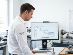 ohnny Liu from Dowway Vehicle examining an S-N curve plot displaying fatigue life zones on a computer monitor in a mechanical engineering laboratory.