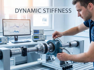 A mechanical engineer adjusting a rotating shaft test rig in a brightly lit laboratory, with vibration analysis curves and frequency charts visible on a computer screen in the background. The text "DYNAMIC STIFFNESS" is overlaid cleanly at the top.