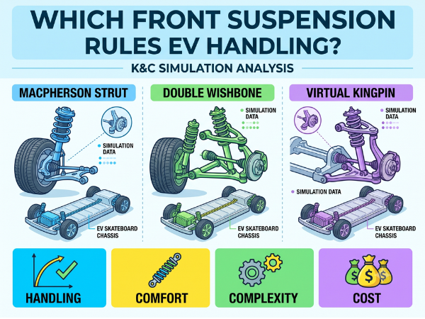 A technical infographic comparing three EV front suspension types: MacPherson Strut, Double Wishbone, and Virtual Kingpin. Each section shows a 3D CAD mechanical model of the suspension assembly, an EV skateboard chassis layout, and performance indicator icons for Handling, Comfort, Complexity, and Cost.
