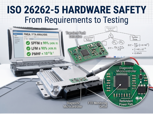 An informational graphic about ISO 26262-5 Hardware Safety, featuring an automotive ECU on a workbench being tested with a probe. A rugged laptop displays FMEA/FTA analysis metrics for ASIL D, including SPFM, LFM, and PMHF. Diagnostic microcontroller and FTTI monitoring circuit diagrams with FIT formulas are overlaid on the image.