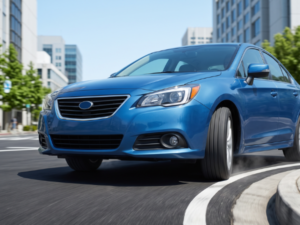 A blue modern sedan making a sharp turn on a city street curve, demonstrating Ackermann steering geometry where the inner front wheel turns at a sharper angle than the outer wheel.