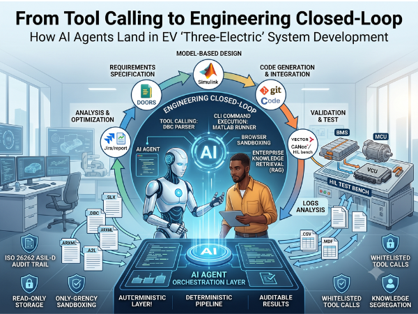 A detailed illustration titled "From Tool Calling to Engineering Closed-Loop" showcasing the role of AI agents in EV 'Three-Electric' system development. It displays a cyclic workflow of Model-Based Design with steps like Requirements Specification, Model-Based Design, Code Generation & Integration, Validation & Test, and Analysis & Optimization, connected to BMS, VCU, MCU components. At the center, an AI agent and a human engineer collaborate within an AI Agent Orchestration Layer, linking various tools and processes. Safety guardrails like ISO 26262 ASIL-D Audit Trail, Read-Only Storage, only-Grency Sandboxing, and Knowledge Segregation are highlighted at the bottom. The overall scene shows a bright, modern automotive R&D laboratory.