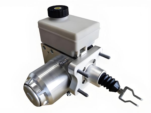 Electronic Hydraulic Brake (EHB) unit with electric motor actuator, brake fluid reservoir, and master cylinder assembly for electric vehicles