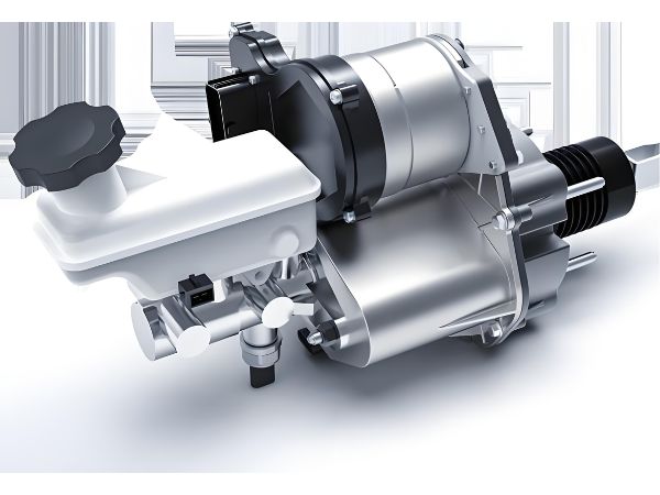 An integrated electro-hydraulic brake-by-wire booster unit with an electric motor, hydraulic master cylinder, and plastic brake fluid reservoir for electric vehicles.