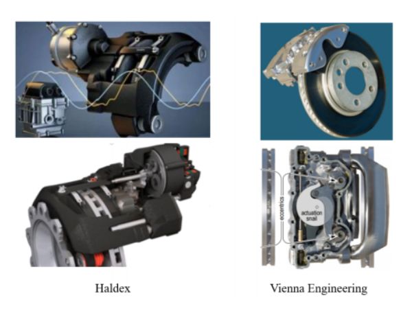 3D rendered diagrams and prototypes of Electro-Mechanical Brake (EMB) actuators from Haldex and Vienna Engineering showing motor drives, calipers, and internal actuation mechanisms.