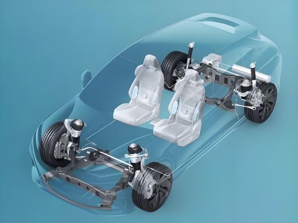 Cutaway view of an electric vehicle smart chassis highlighting the Electro-Mechanical Braking system and wheel-end motor actuators.
