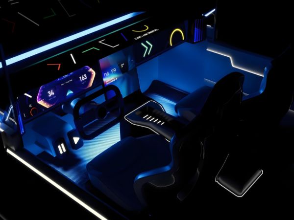 Futuristic intelligent driving vehicle interior showing autonomous cockpit design and advanced automotive technology