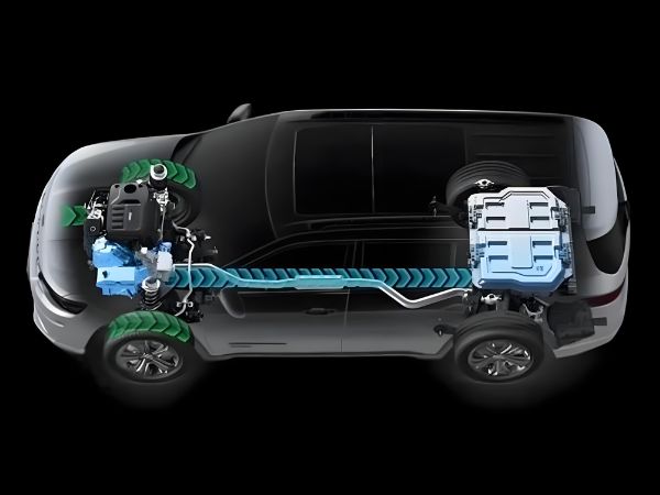3D transparent X-ray diagram of an electric vehicle chassis highlighting the electronic mechanical brake (EMB) actuators, suspension, and brake-by-wire control wiring.