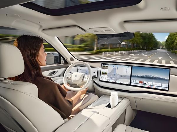 Modern smart cockpit interior with digital displays, driver interface, and intelligent vehicle control system
