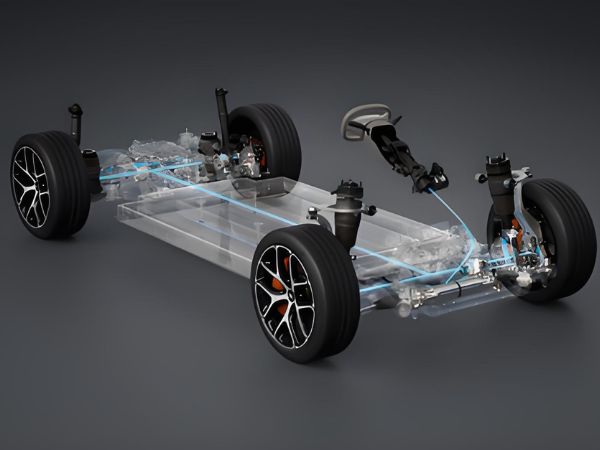 3D render of a smart EV X-by-Wire chassis showing a steering yoke without a mechanical column, electronic brake units, and digital wiring over a transparent battery frame.