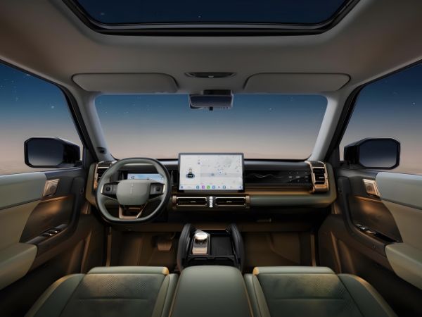 AI smart cockpit interior with intelligent display, panoramic roof, and future vehicle user experience design